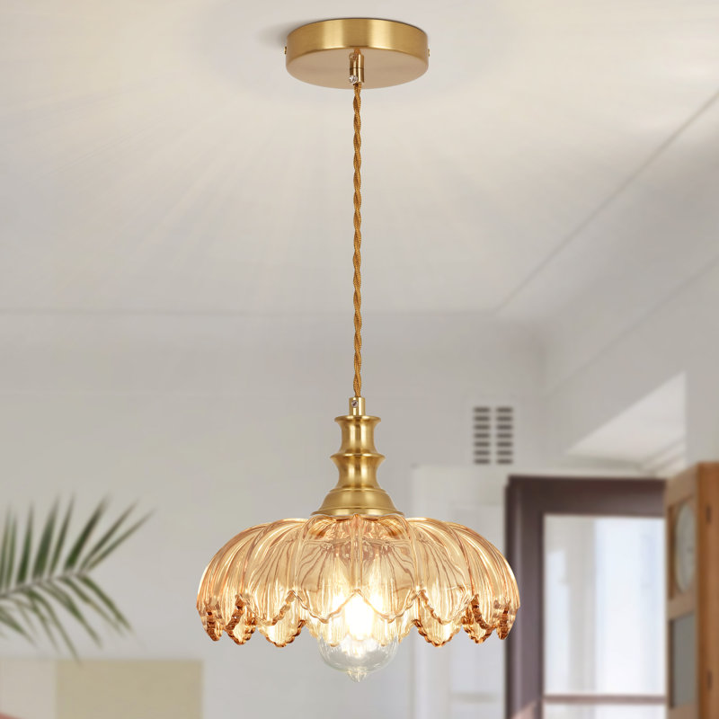 Luminaire suspendu en forme de dôme doré à 1 lumière de 10,23 po Junathean avec abat-jour en verre pétale avec cordon, Ambre