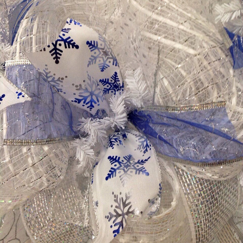 The Holiday Aisle® Winter Wreath White and Blue Ribbons | Wayfair