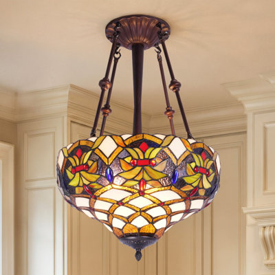 3-Light 15.8" Tiffany-Style Jeweled Floral Stained Glass Bowl Chandelier with Bulbs Included