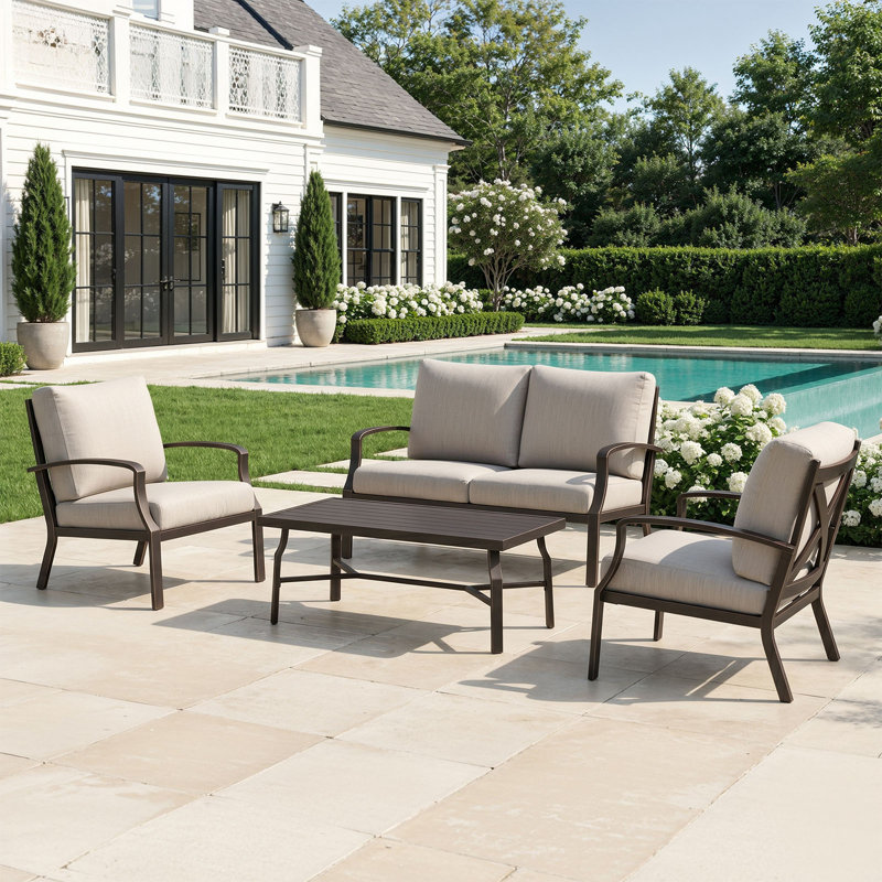 Ensemble de canapé extérieur 4 pièces, canapé de patio en aluminium antirouille avec table basse, ensemble de mobilier de patio avec coussins amovibles pour patio, jardin, véranda, bronze foncé