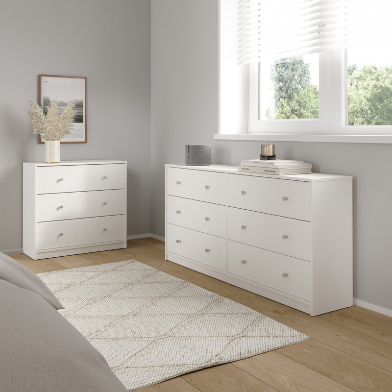 3-Piece Bedroom Set - 6 Drawer Double Dresser And Chest Set Of 2, White, White
