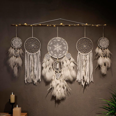 Paquet de 5 suspensions murales Boho Dream Catcher - blanches fabriquées à la main