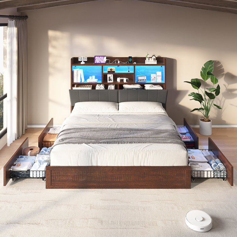  Farmhouse Queen Bed Frame With LED Storage Bookcase Headboard & Charging Station, Rustic Brown, Rustic Brown, Queen