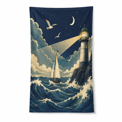 1Pcs Nautical Lighthouse Sailboat Beach Towel, Featuring a Vintage Artistic Scene of on Cliff, Rough Seas, and Seagulls under Crescent Moon, Ideal for, Travel, Outdoor Activities, Unisex.