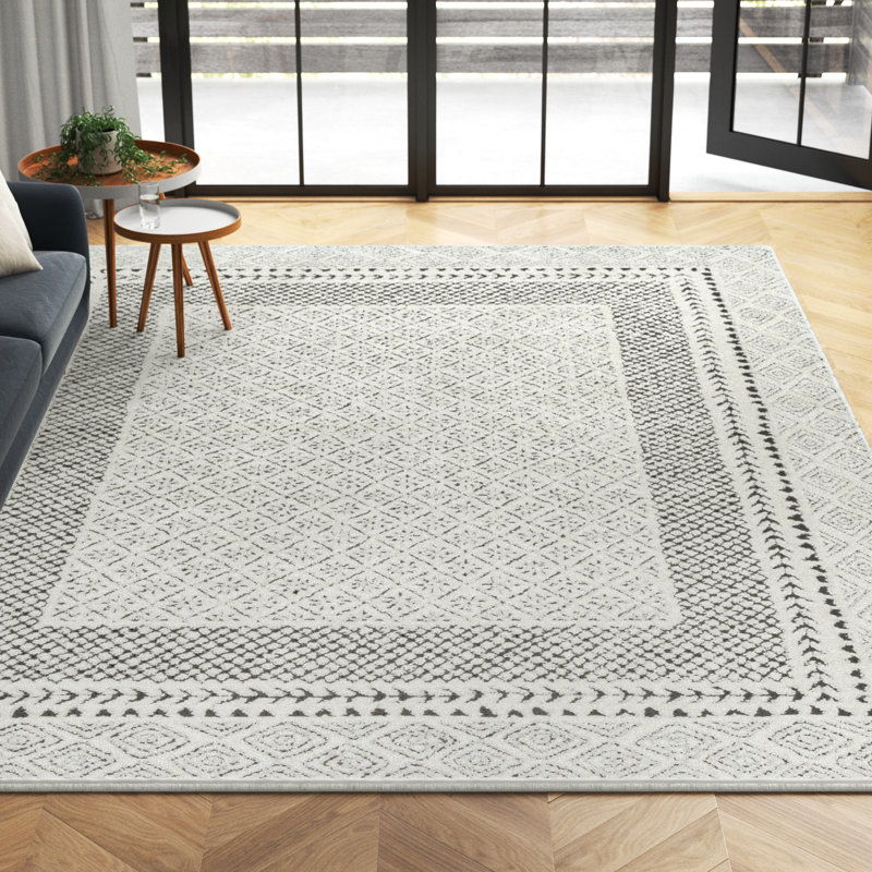 Calvo Machine Woven Ivory/Black Area Rug, Rectangle 9'2" x 12'