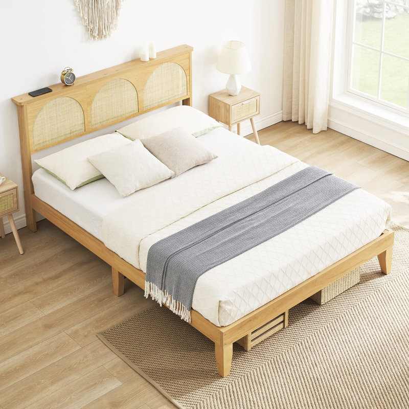Cadre de lit avec tête de lit en rotin naturel, cadre de lit plateforme avec tête de lit avec rangement, sommier sans bruit, aucun sommier nécessaire