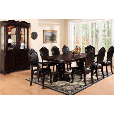 Dining Table, Padded Seat Option Available, Formal Room Elegance Luxury Brown Table - Wood Veneer Double Pedestal Base With