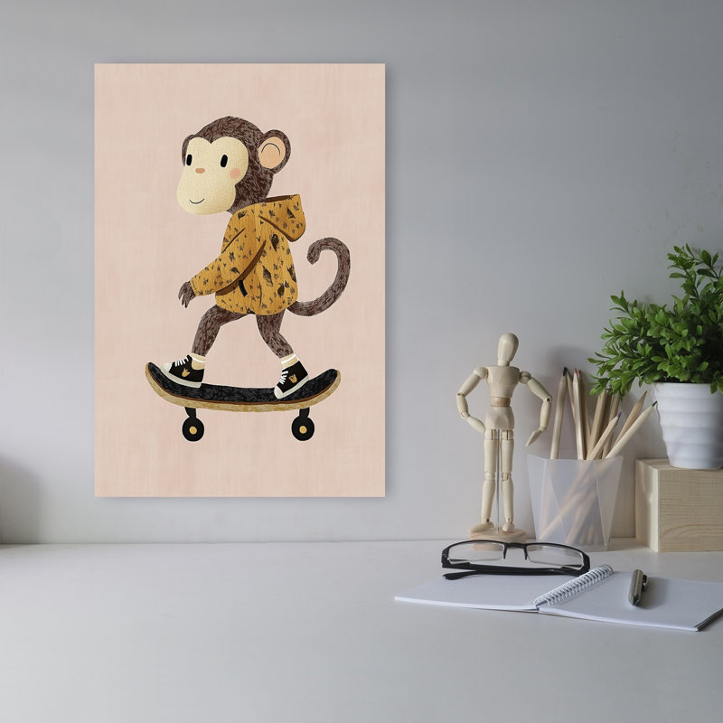 Cute Monkey Skater Playful Contemporary Monkey Wall Art Print 1 Piece Wrapped Canvas Wall Art, 45.72cm H x 30.48cm W