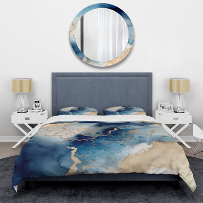 Ensemble de housse de couette abstrait bleu et doré Marble Clouds - polyester en microfibre