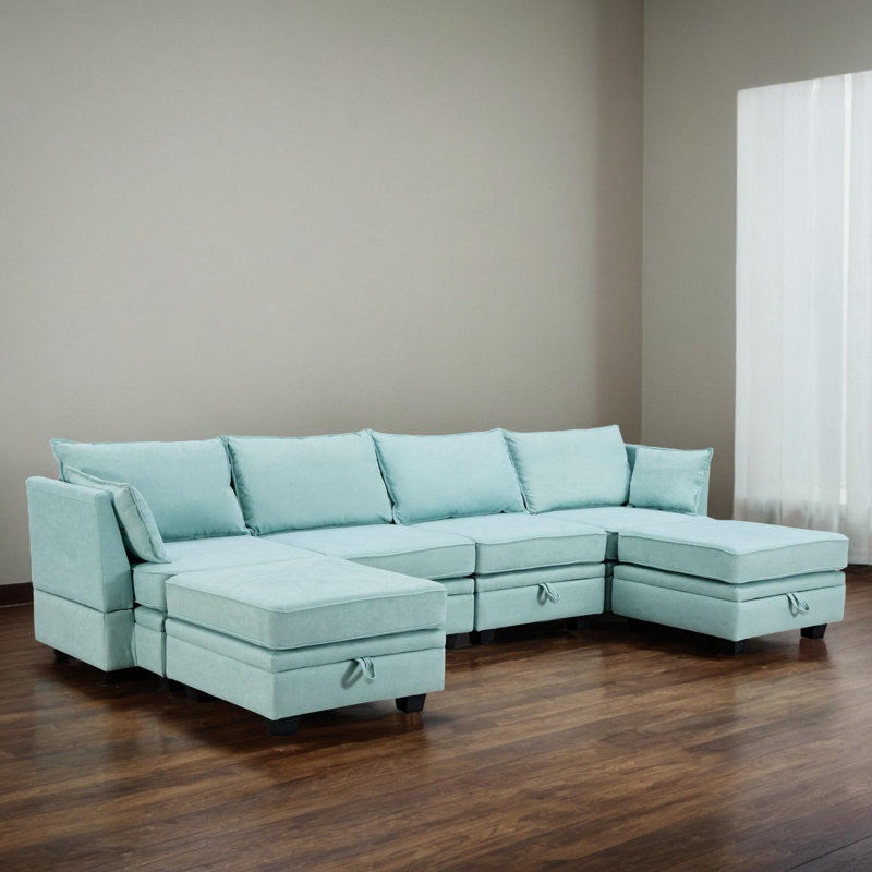 Reversible Modular Sleeper Sectional Sofa Bed, Light Green Linen Blend
