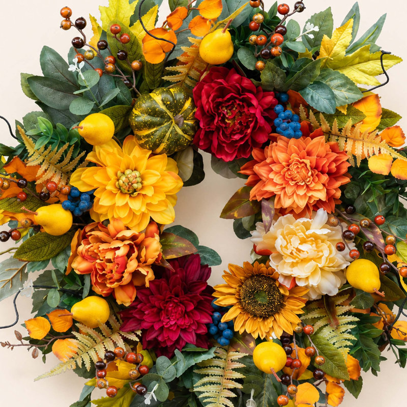 Couronne d'automne de 61 cm (24 pouces), décoration de porte artificielle sur le thème des récoltes d'automne, avec fleurs, citrouille et poire