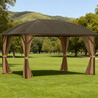 Gazebo 10' X 13' Hardtop Gazebo With Curtains, Netting, Pavilion With Steel Roof Ceiling Hook