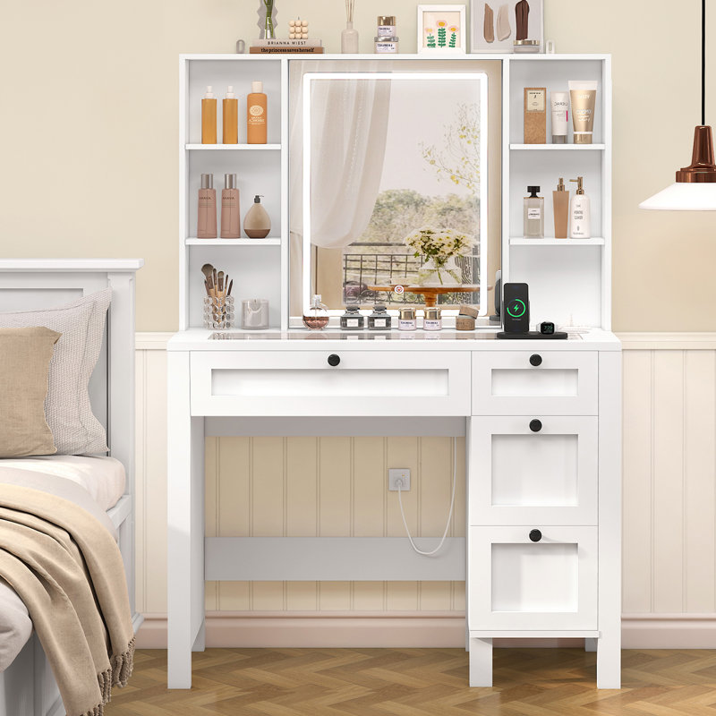 Bureau de meuble-lavabo avec plateau en verre, 4 tiroirs et 6 tablettes, Blanc