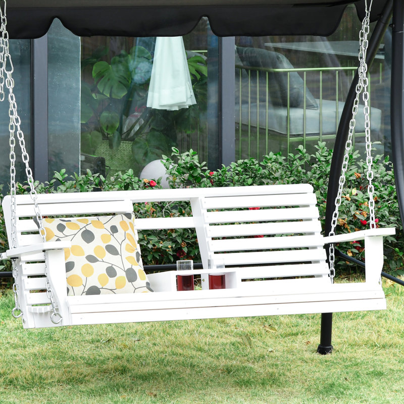 White 3 Porch Swing With Folding Coffee Table, Cup Holders And Strong , 440lbs Weight Capacity Wood Holders, Table & Capacity,