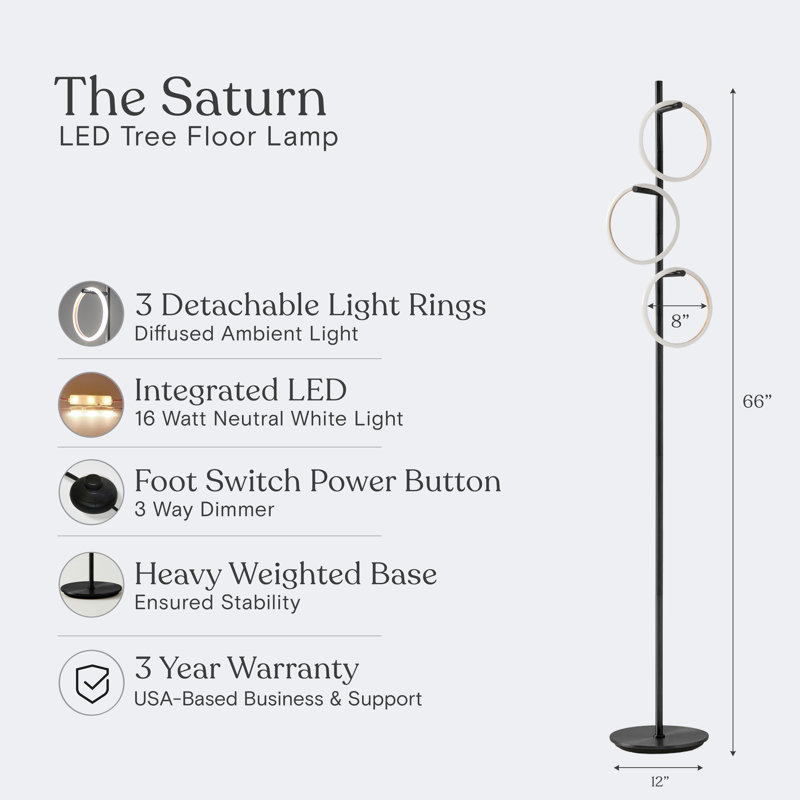 Saturn 66 in. Industrial 3-Light 3-Way Dimming LED Floor Lamp, Black