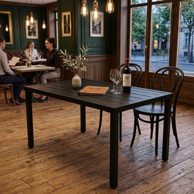 Rectangular Outdoor Dining Table with Iron Frame, Slatted Top Patio Table