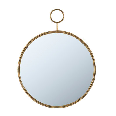 22" X 28" Circle Wall Mirror With Enticing Gold Iron Frame - Living Room, Entryway, Office Clear Reflection, Accent Crystal Piece