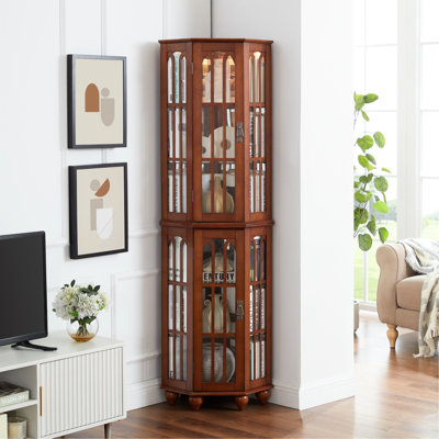 Vitrine de coin en noyer avec panneau arrière en miroir en acrylique et 4 tablettes réglables en verre trempé H 70 po