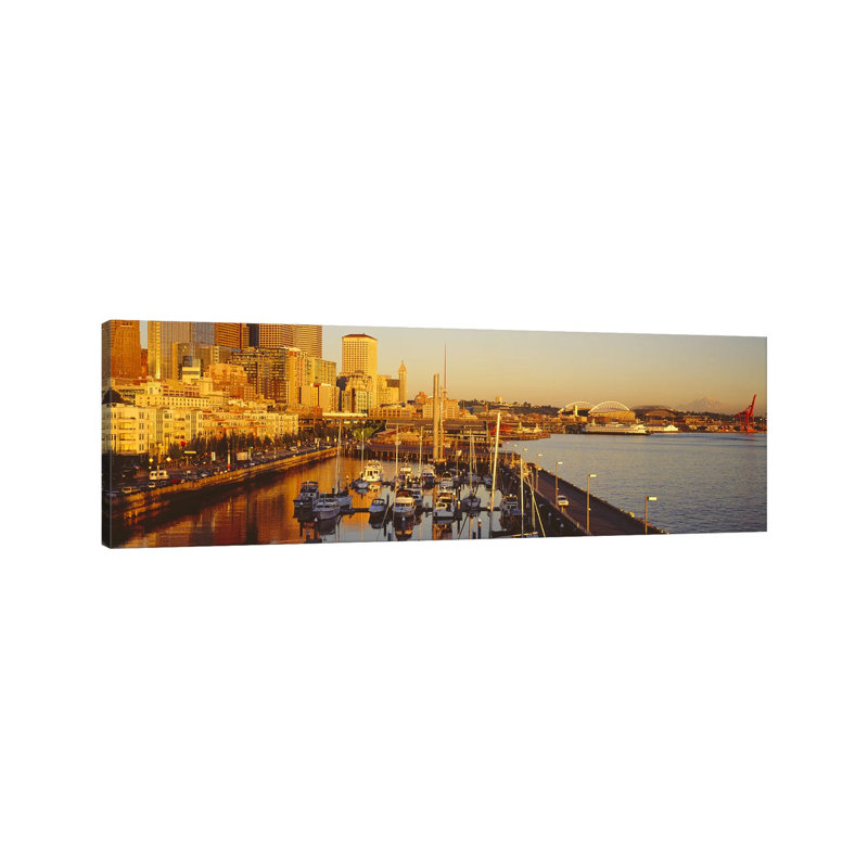 Buildings At The Waterfront, Elliott Bay, Bell Harbor Marina, Seattle, King County, Washington State, USA - Wrapped Canvas Panoramic Print