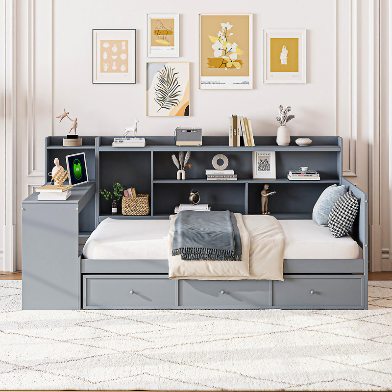 Full Size Daybed In White With Spacious Storage - 3 Drawers And Desk For Bedroom Wooden Practical Drawers, Desk, Pine Construction
