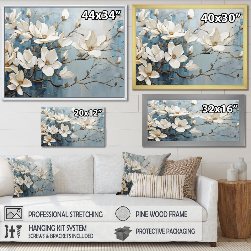 «Blue and Gold Painted Magnolias VI», art mural sur toile Magnolias, Reproduction avec cadre flottant, H 30 po x l 40 po
