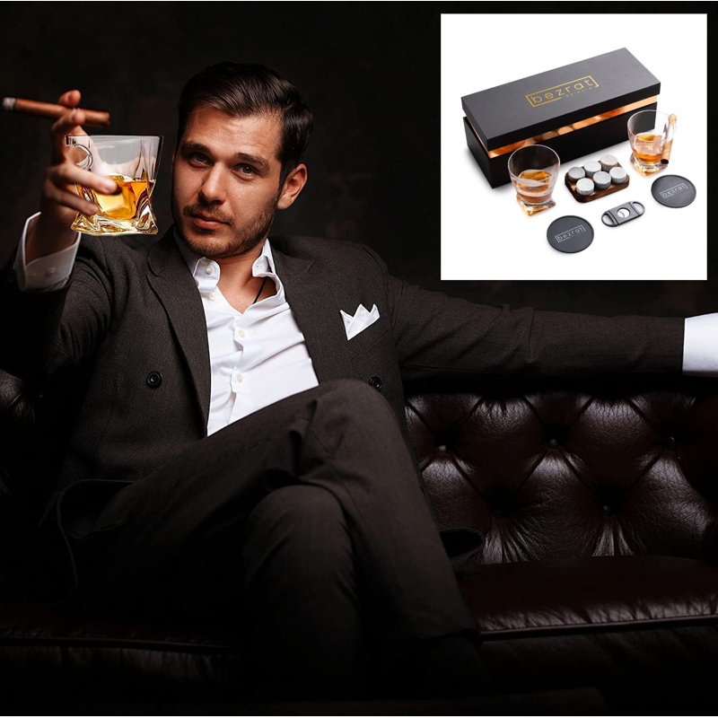 10oz Clear Glass Whiskey and Cigar Holder Set