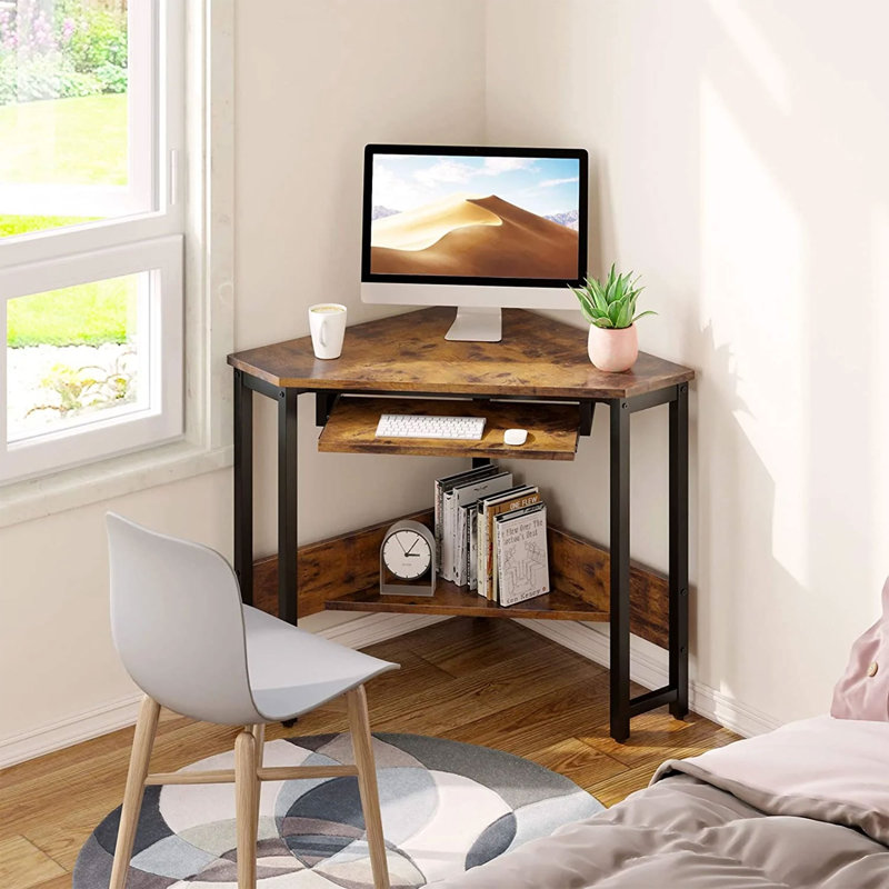 Rustic Brown Wood and Steel Corner Computer Desk with Keyboard Tray