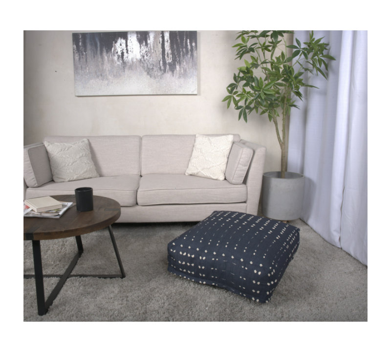Pouf carré en tissu bleu foncé et blanc Dalm - Coussin de sol polyvalent, capacité de poids de 200 lb