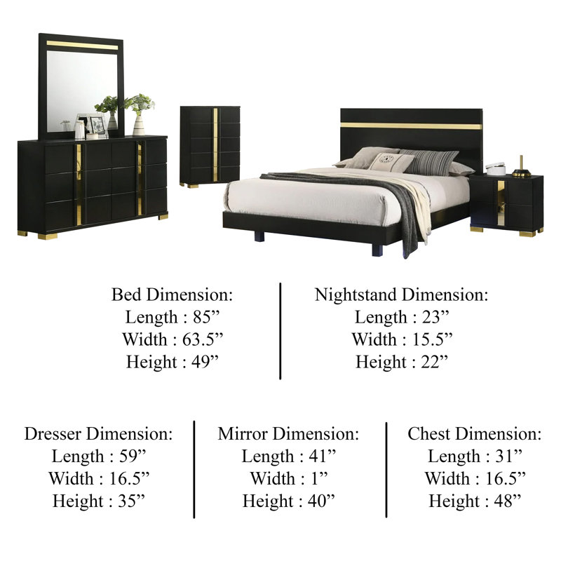 Ensemble de chambre à coucher grand 5 pièces Yoki avec commode haute DEL noire, dorée et dorée, Noir / doré