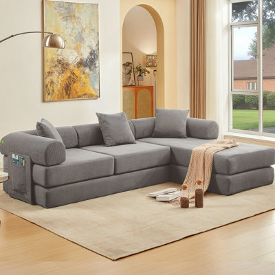 Canapé modulaire en L 107 po, convertible 7 en 1, revêtement en velours côtelé, sans assemblage, bricolage, canapé-lit pliant, poche latérale, 4 sièges, gris