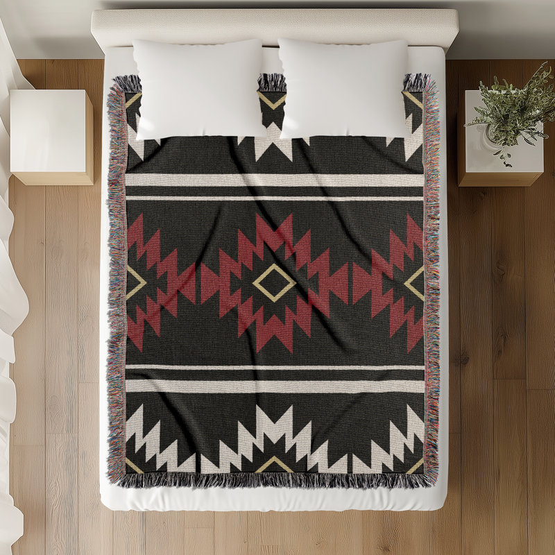 Couverture en mélange de coton Wapi South Western, Rouge / noir / blanc cassé, L 70 po x l 50 po