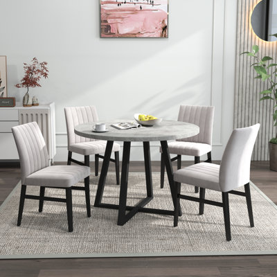 Ensemble de salle à manger 5 pièces Roundhill Furniture, table ronde à tréteaux et 4 chaises rembourrées, gris et brun clair