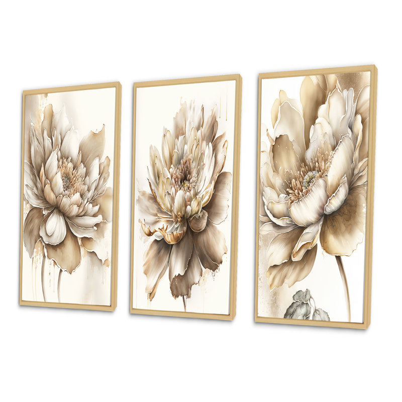 «Indigold Beige Flower», 3 pièces sur toile, Naturel, H 40 po x l 60 po