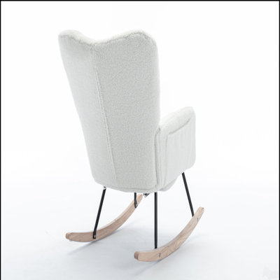 067-Teddy Fabric Leisure Rocking Chair With Adjustable Footstool,Nursery Rocking Chair, High Backrest, Storage Pocket On The Right Side,The Base Rocker Is Solid Wood And Metal,Ivory