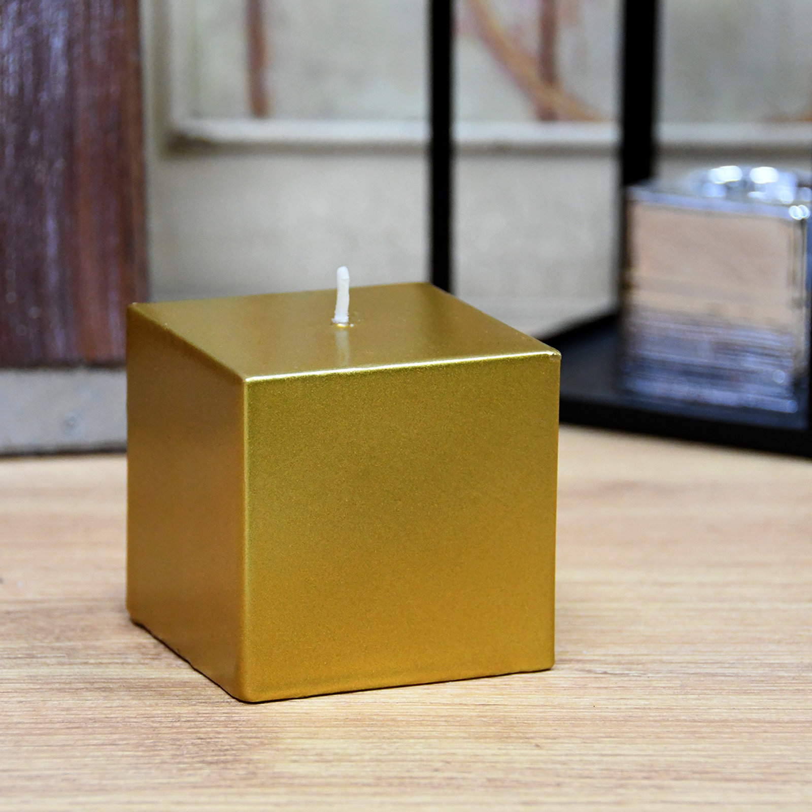 Square Pillar Candle, 3" H x 3" W x 3" D, Metallic Gold, 1 Candle