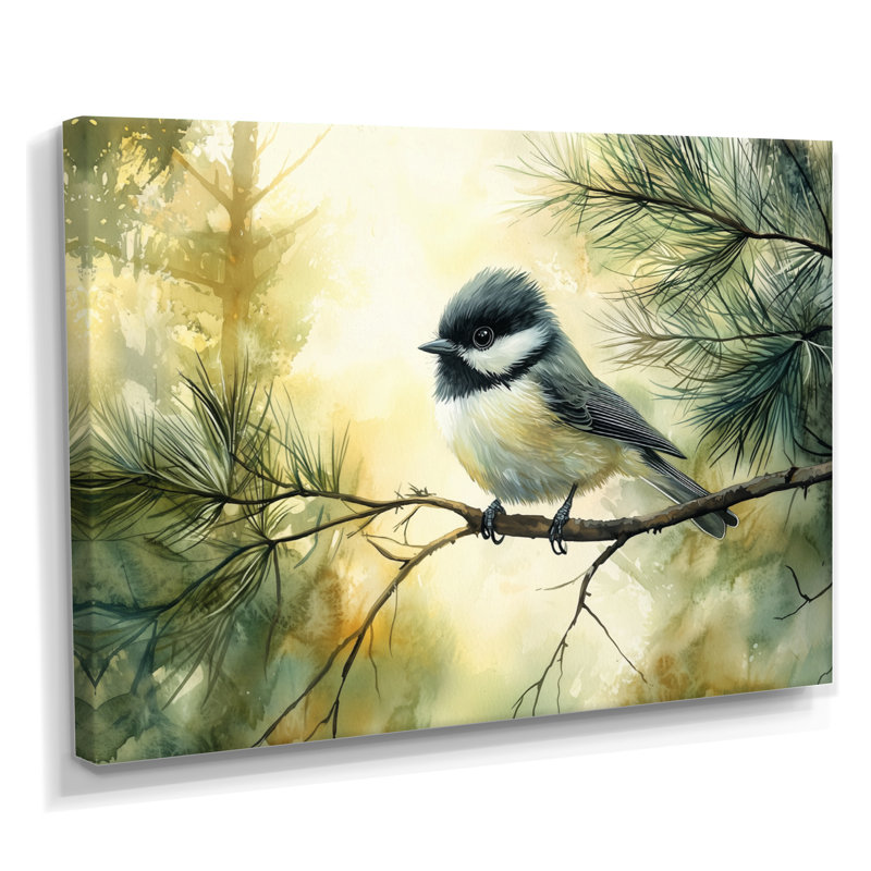 Chickadee Bird In The Autumn Pines II - oiseau grand, art mural, H 24 po x l 32 po, Toile tendue, Ne s’applique pas
