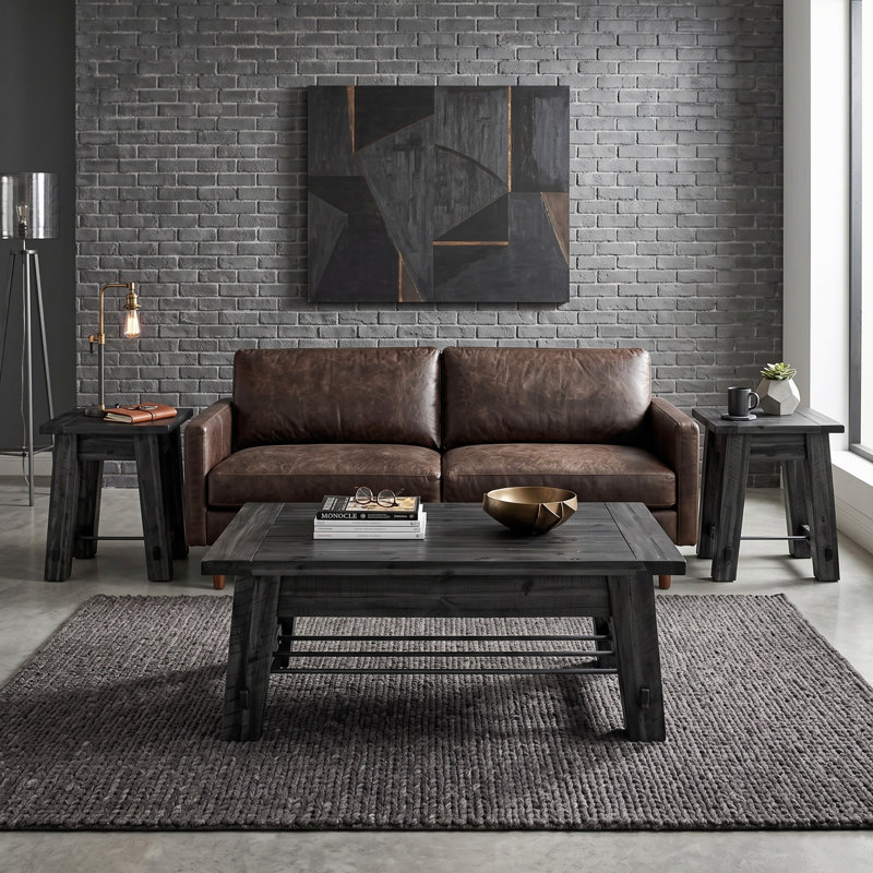 Solid Wood 3-Piece Living Room Coffee Table & End Table Set, Black