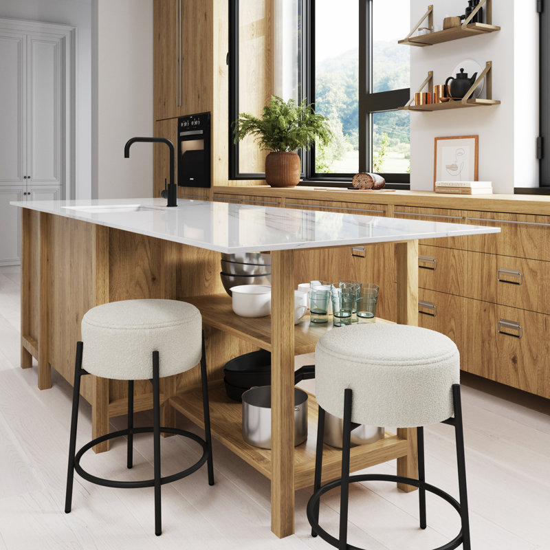 Upholstered Counter Stool with Iron Frame, 1, White Polyester/Matte Black Frame, Counter Stool (24" Seat Height)