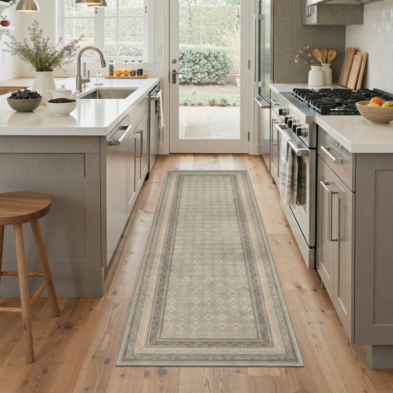 Oriental Transitional Border Machine Washable Beige / Grey Indoor Area Rug with Non-Slip Backing, Runner 2' x 7'