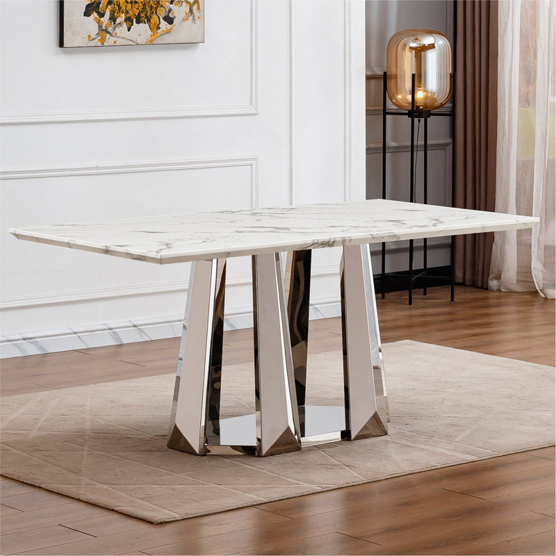 Marble Dining Table For 6 People, 70'' Rectangle Faux Marble Dining Table With Mirrored Finish Stainless Steel Base, Modern Large Size Marble Kitchen Table (Only Table)