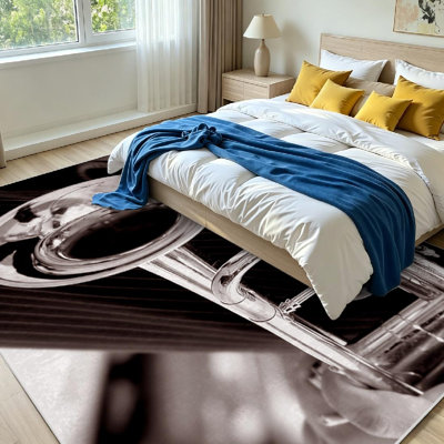 Black Machine Washable,and White Trumpet Brass Music Jazz Band Musician Indoor Area Rug