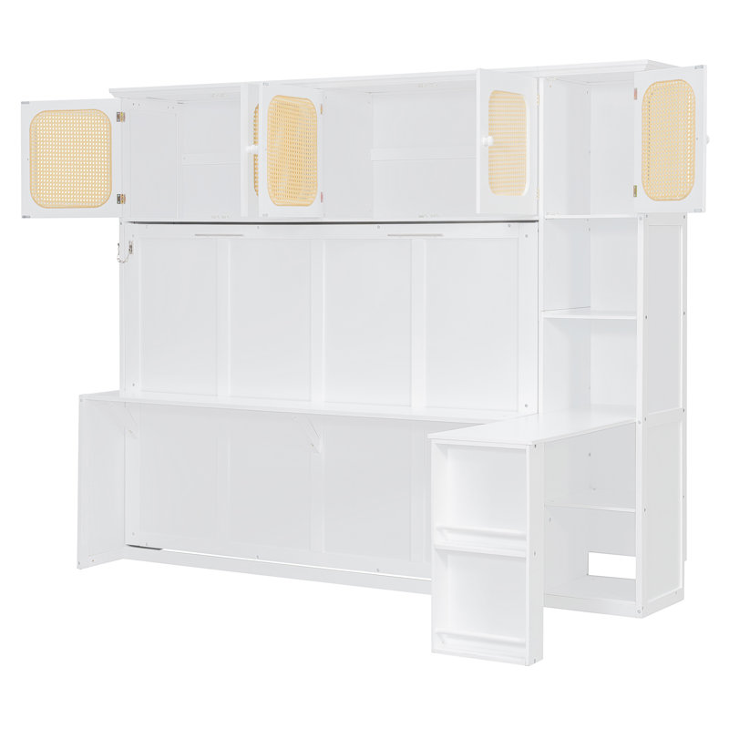 Lit escamotable double avec bureau et armoires en rotin, lit mural peu encombrant pour bureau à domicile, lit de rangement convertible, blanc chaud