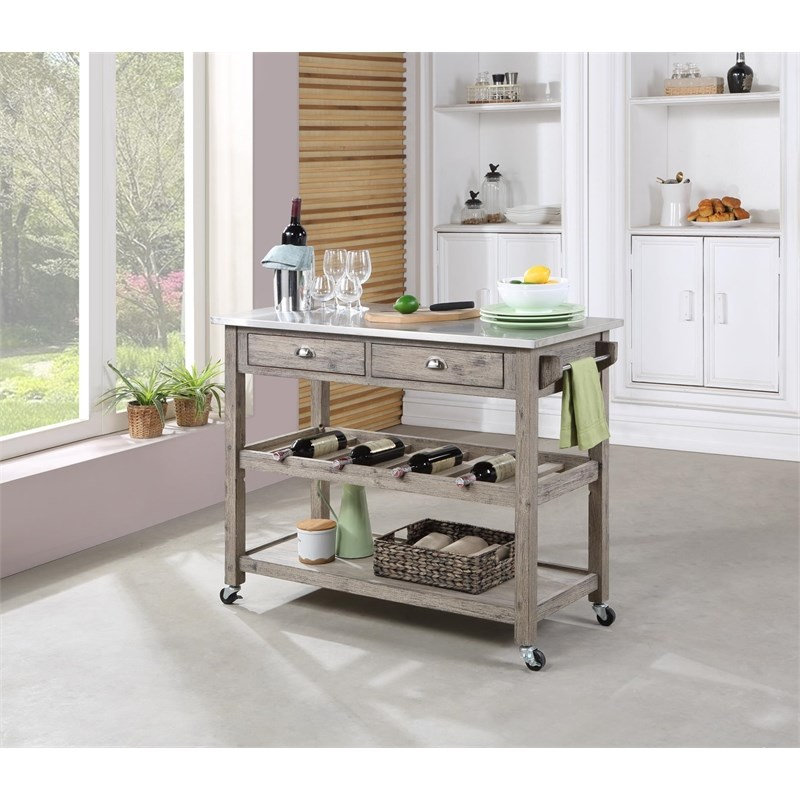  Kitchen Island with Stainless Steel Top in Light Barnwood, 36" H x 22" W x 44" D