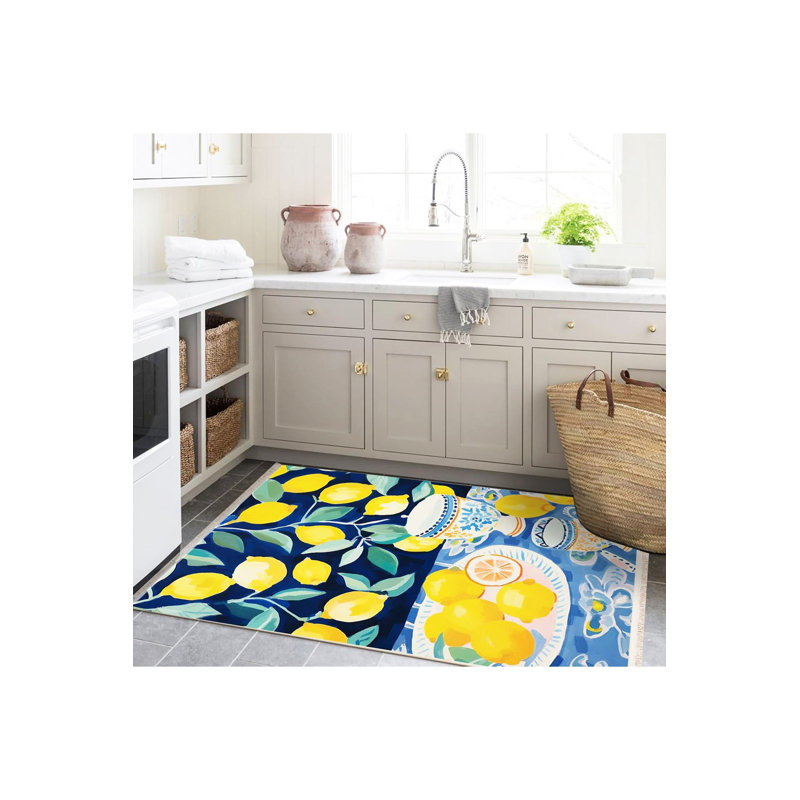 Tapis décoratif multicolore à motif citron et tasse moderne, Sous-tapis rectangulaire de 3 pi 3 po x 4 pi 11 po