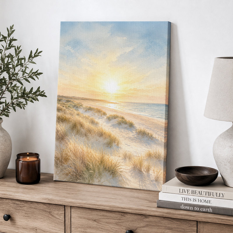 «Sunrise Over Peaceful Coastal Sand Dunes», reproduction d'art sur toile encadrée, impression sur toile, Toile tendue