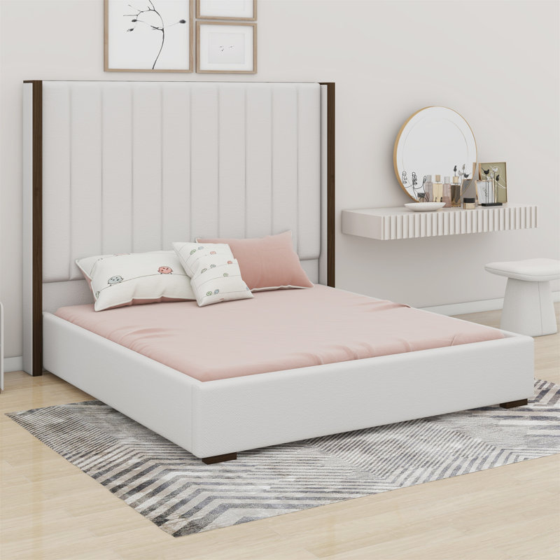 Tall Headboard Upholstered Bed With Vertical Striped And Wingback Design