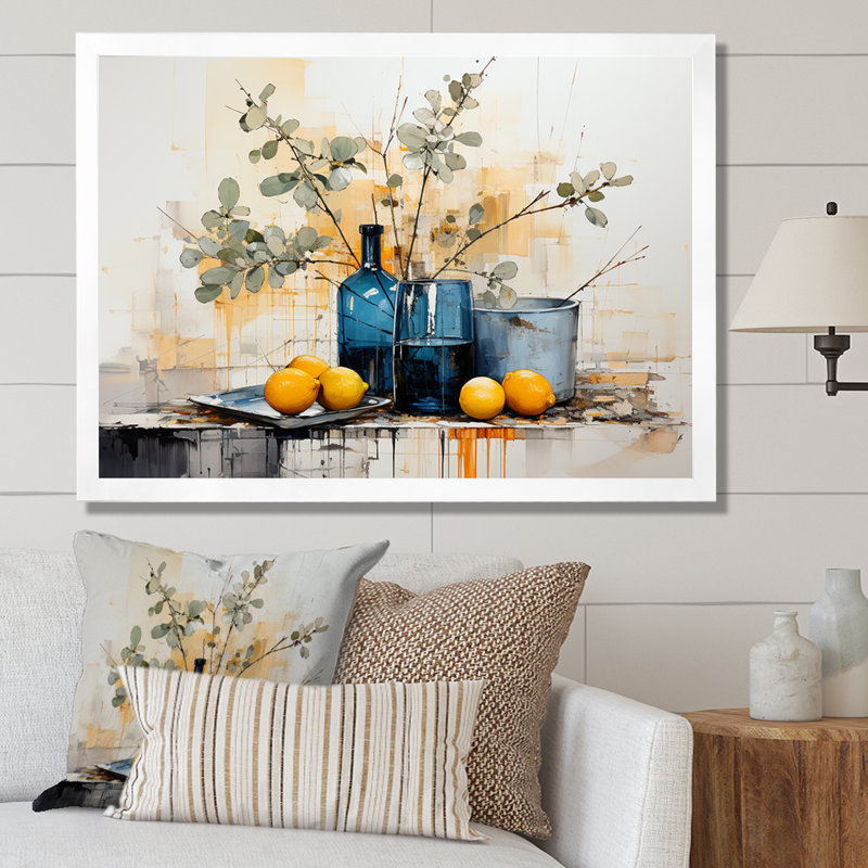 Bleu et jaune agrume Boho Pottery I - Boho Pottery, art mural, Cadre de coin blanc fermé, H 16 po x l 32 po x P 1 po