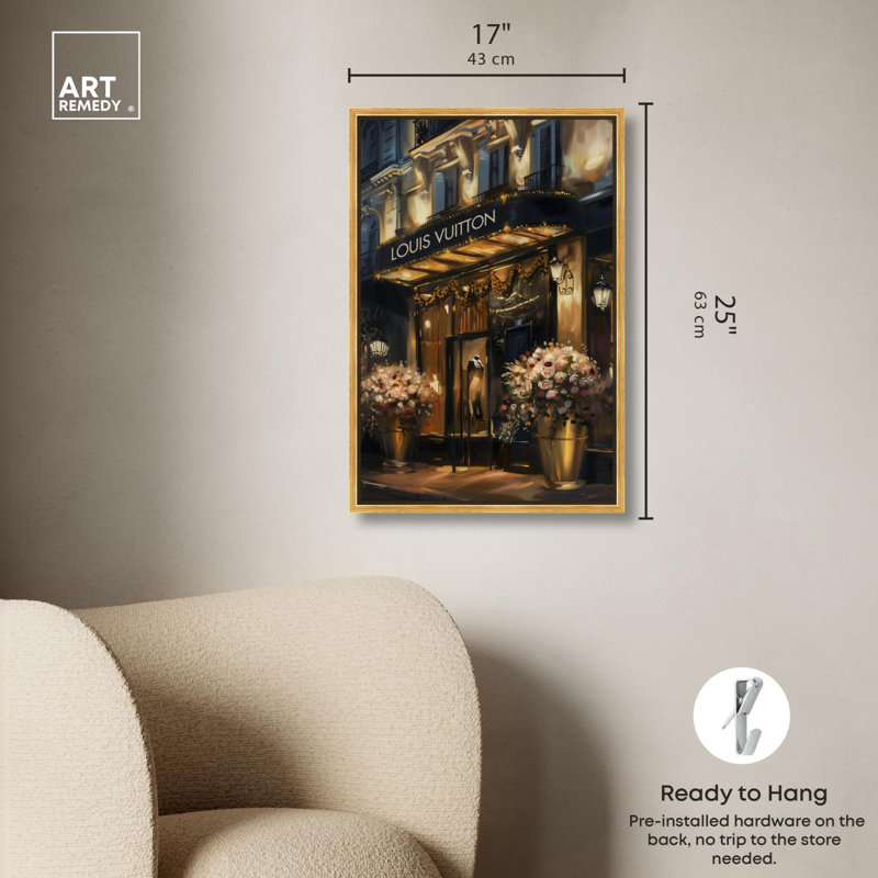 «Elegant Night Storefront» par Art Remedy, H 25 po x l 17 po, Reproduction encadrée sans passe-partout, Doré