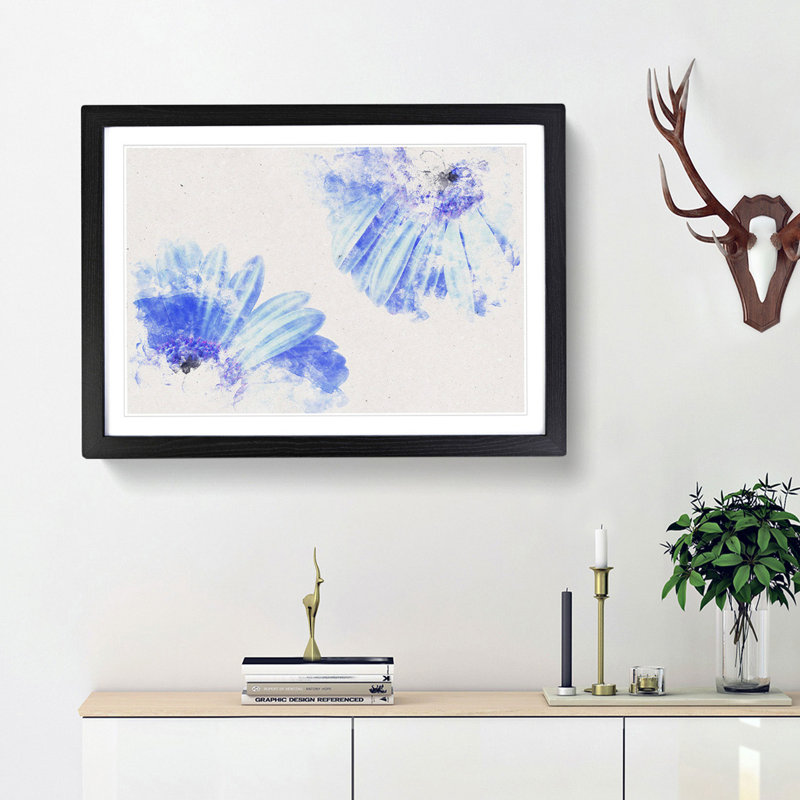 Two Blue Flowers - Single Picture Frame Print on MDF, 33cm H x 45cm W x 2cm D, Black