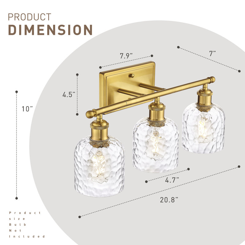 3-Light Bathroom Vanity Light With Clear Hammered Glass, Gold